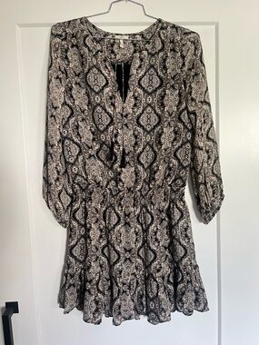 Joie 100% Silk "Calla" Black & Cream Paisley Mini Dress - Size M
